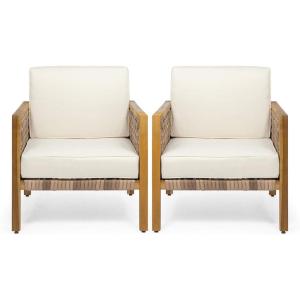 Christopher Knight Home Corrine Outdoor Acacia Wood Club Chair with Wicker Accents (Set of 2), Teak Finish, Light Multi-Brown, Beige