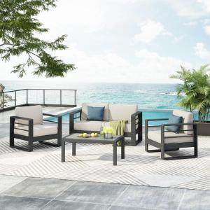Christopher Knight Home Dessa Patio Conversation Set, Aluminum Club Chair and Loveseat, Rectangular Coffee Table, Stable Aluminum Frame, 4 Seater Set, Conversation Set for Yard Balcony, Black+Beige