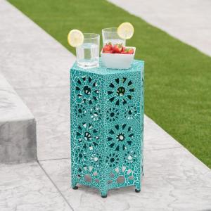 Christopher Knight Home Eliana Outdoor 12″ Sunburst Iron Side Table, Crackle Teal(Wanda crackle Teal)