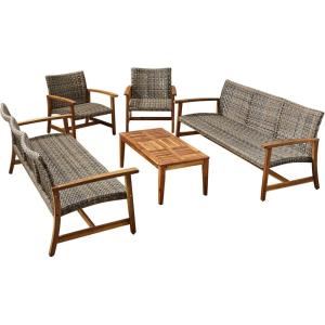 Christopher Knight Home Hamptom Outdoor 5 Piece Acacia Wood and Wicker Sofa Chat Set, 75.5 “W x 31 “D x 31.5 “H, Gray + Natural Brown