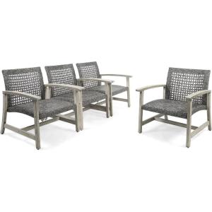 Christopher Knight Home Hampton Outdoor Wood and Wicker Club Chairs (Set of 4), Gray Finish and Mixed Black
