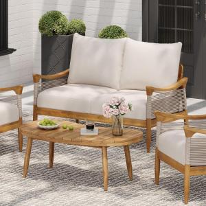 Christopher Knight Home Havets 4 Piece Patio Conversation Sets, Outdoor Acacia Wood Patio Seating Group,Woven Rope Loveseat Chairs with Cushions and Coffee Table for Porch Backyard Balcony, Teak+Beige(Teak+beige 2 Pcs Set)