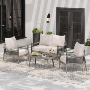 Christopher Knight Home Havets 4 Piece Patio Conversation Sets, Outdoor Acacia Wood Patio Seating Group,Woven Rope Loveseat Chairs with Cushions and Coffee Table for Porch Backyard Balcony, Teak+Beige(Gray+beige 4 Pcs Set)