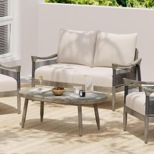 Christopher Knight Home Havets 4 Piece Patio Conversation Sets, Outdoor Acacia Wood Patio Seating Group,Woven Rope Loveseat Chairs with Cushions and Coffee Table for Porch Backyard Balcony, Teak+Beige(Gray+beige 2 Pcs Set)