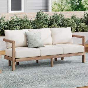 Christopher Knight Home Havets 74.75″W Outdoor 3 Seater Sofa, 6″ Thick Cushion Couch, Acacia Wood Bench Sofa, Slats Panel Open Back, Spacious Seating Bench Couch for Backyard Garden Porch, Brown+Beige