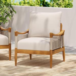Christopher Knight Home Havets Patio Acacia Wood Club Chair with Woven Rope, Comfortable Outdoor Armchair, Water-Repellent Thick Cushion Deep Seating for Porch, Garden, Backyard, Balcony, Gray+Beige(Teak+beige)