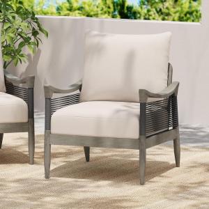 Christopher Knight Home Havets Patio Acacia Wood Club Chair with Woven Rope, Comfortable Outdoor Armchair, Water-Repellent Thick Cushion Deep Seating for Porch, Garden, Backyard, Balcony, Gray+Beige(Gray+beige)