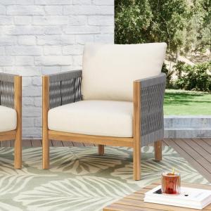 Christopher Knight Home Havets Patio Accent Chair, Acacia Wood Club Chair, Woven Rope Open Back Armchair, 6″ Thick Cushion, Outdoor Comfort Seating Single Sofa for Backyard Garden Poolside, Gray+Beige(Gray+beige)