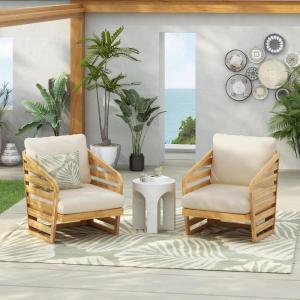 Christopher Knight Home Haya Wood Club Patio Chair Set of 2, Acacia Wood Accent Chairs with Cushions, Open Arm Outdoor Lounge Seating Sofa Side Chairs for Balcony Backyard Garden Poolside, Teak+Beige(Teak+ Beige slat Arm)