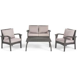 Christopher Knight Home Honolulu Outdoor Wicker Seating Set and Cushions, 4-Pcs Set, Grey