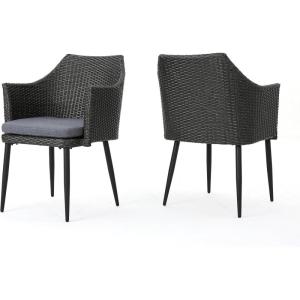 Christopher Knight Home Iona Outdoor Wicker Dining Chairs with Metal Legs and Water Resistant Cushions, 2-Pcs Set, Grey / Mixed Black / Black