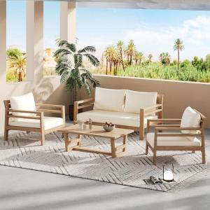 Christopher Knight Home Jamaia 4 Pieces Acacia Furniture Set, Patio Conversation Chat 2-Seat Sofa Set with Coffee Table, Outdoor Loveseat Chair Set for Garden Porch Backyard Balcony, Light Teak+Beige(Light Teak+beige 4 Pcs Set)