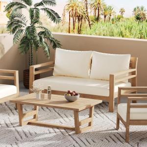 Christopher Knight Home Jamaia 4 Pieces Acacia Furniture Set, Patio Conversation Chat 2-Seat Sofa Set with Coffee Table, Outdoor Loveseat Chair Set for Garden Porch Backyard Balcony, Light Teak+Beige(Light Teak+beige 2 Pcs Set)
