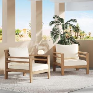 Christopher Knight Home Jamaia Outdoor Acacia Wood Club Chair Set of 2, Patio Armchair with Thick Beige Cushions, Deep Seating Furniture for Garden, Porch, Backyard, Balcony, Light Teak Finish, Beige(Light Teak+beige set of 2)
