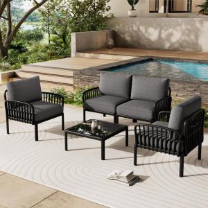 Christopher Knight Home Landon 4 Pieces Patio Conversation Set, Loveseat and Coffee Table Set, Accent Chairs, Club Chair with Cushion, Sofa Chair with Table Set for Balcony Garden, Black+Dark Gray(Black+dark Gray)