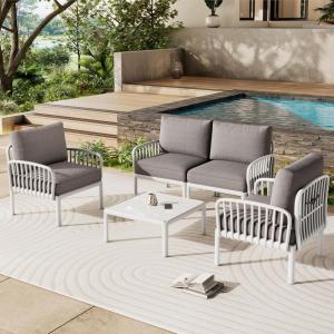 Christopher Knight Home Landon 4 Pieces Patio Conversation Set, Loveseat and Coffee Table Set, Accent Chairs, Club Chair with Cushion, Sofa Chair with Table Set for Balcony Garden, Black+Dark Gray(White+light Gray)