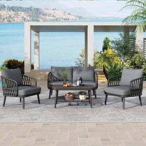 Christopher Knight Home Lena Patio Conversation Set, Two Club Chairs, Rope Woven Loveseat, Metal Frame Armchair, Rectangular Coffee Table, Outdoor Side Table and Chair Set for Backyard, Black+Gray(Black+gray)