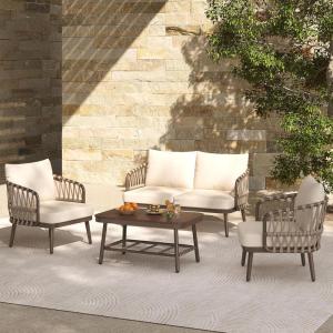Christopher Knight Home Lena Patio Conversation Set, Two Club Chairs, Rope Woven Loveseat, Metal Frame Armchair, Rectangular Coffee Table, Outdoor Side Table and Chair Set for Backyard, Black+Gray(Brown+beige)