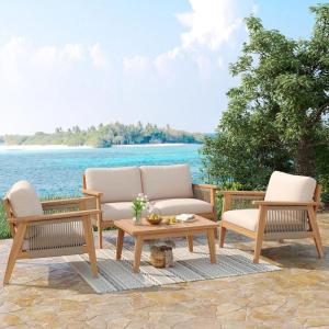 Christopher Knight Home Lorna 4-Piece Acacia Wood Patio Furniture Set, Outdoor Conversation Sofa Set with Club Chair and Coffee Table, Patio Sectional Chat Set for Backyard/Balcony, Teak+Beige
