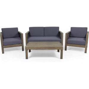 Christopher Knight Home Lucine Outdoor 4 Seater Acacia Wood Chat Set with Wicker Accents, Gray Finish + Mixed Gray + Dark Gray(Gray Finish + Mixed Gray + Dark Gray)