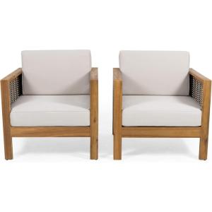 Christopher Knight Home Maggie Outdoor Acacia Wood Club Chair with Wicker Accents (Set of 2), Gray Finish + Mixed Gray + Dark Gray(Teak Finish + Mixed Brown + Beige)