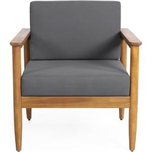 Christopher Knight Home Magnolia Patio Acacia Wood Club Chair with Water-Resistant Cushions, Outdoor Lounge Chair, Slat Panel Design, Sunbathe Armchair for Garden/Porch/Balcony, Teak+Dark Gray