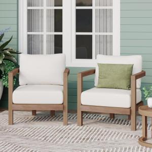 Christopher Knight Home Orion Outdoor Acacia Wood Club Chair with Tub Shape and Slat Panel, Patio Armchair, Water-Repellent Thick Cushion Seating for Garden Backyard Balcony, Brown Wash+Beige(Brown Wash+beige set of 2)