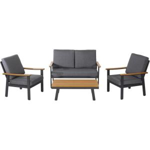 Christopher Knight Home Outdoor 4 Piece Aluminum and Faux Wood Chat Set with Cushions, Gray and Gray