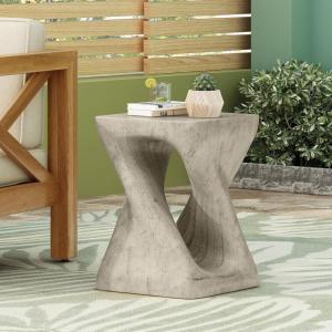 Christopher Knight Home Outdoor Side Table,Twist Shape End Table,Decorative Accent Table,Garden Stool Table for Patio Balcony Beach Pool Side,Lightweight Concrete,Wood Like Texture,Natural(Grey)