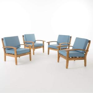 Christopher Knight Home Peyton Outdoor Wooden Club Chairs with Cushions, 4-Pcs Set, Teak Finish / Blue
