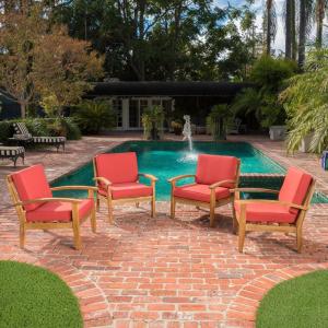 Christopher Knight Home Peyton Outdoor Wooden Club Chairs with Cushions, 4-Pcs Set, Teak Finish / Red