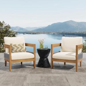 Christopher Knight Home Porto Set of 2 Outdoor Club Chair with Cushions, Acacia Wood Barrel Accent Chairs, Rope Design Armchair, Comfy Side Chair Set for Balcony Backyard Garden Poolside, Teak+ Beige