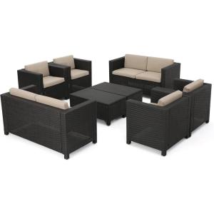 Christopher Knight Home Puerta Outdoor Wicker Chat Set with Water Resistant Cushions, 8-Pcs Set, Dark Brown / Beige