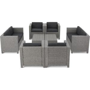 Christopher Knight Home Puerta Outdoor Wicker Chat Set with Water Resistant Cushions, 8-Pcs Set, Mixed Black / Dark Grey