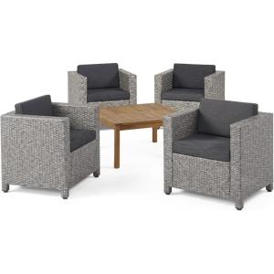 Christopher Knight Home Puerta Outdoor Wicker Club Chair Set with Acacia Wood Coffee Table, 4-Pcs Set, Teak Finish / Mix Black / Dark Grey