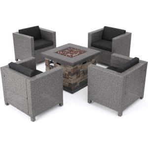 Christopher Knight Home Puerta Outdoor Wicker Club Chair Set with Water Resistant Cushions and Stone Square Firepit, 4-Pcs Set, Mixed Black / Dark Grey / Stone Finish