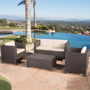 Christopher Knight Home Puerta Outdoor Wicker Sofa Set, Dark Brown And Beige