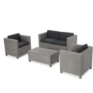 Christopher Knight Home Puerta Wicker Chat Set with Water Resistant Cushions and Set Cover, 4-Pcs Set, Beige / Mixed Black / Dark Grey