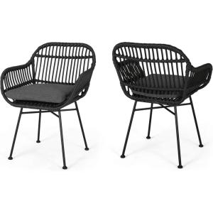 Christopher Knight Home Rodney Indoor Woven Faux Rattan Chairs with Cushions (Set of 2), Dark Gray Finish
