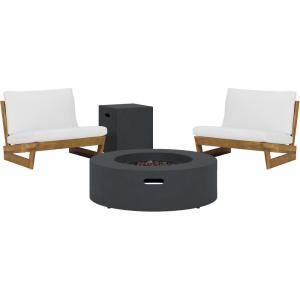 Christopher Knight Home Sherwood Acacia Wood Outdoor Lounge Chairs and 50,000 BTU Circular Propane Fire Pit, White, Teak, and Dark Gray