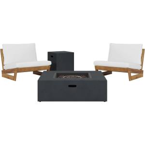 Christopher Knight Home Sherwood Acacia Wood Outdoor Lounge Chairs and 50,000 BTU Square Propane Fire Pit, 32.5 “W x 34.5 “D x 24.5 “H, Teak + White + Dark Gray
