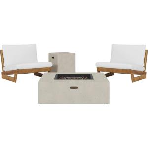 Christopher Knight Home Sherwood Acacia Wood Outdoor Lounge Chairs and 50,000 BTU Square Propane Fire Pit, 32.5 “W x 34.5 “D x 24.5 “H, Teak + White + Light Gray