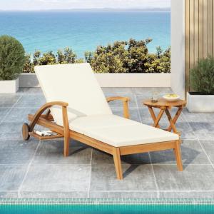 Christopher Knight Home Wilky Acacia Wood Chaise Lounge Chair Outdoor with Armrest, Wooden Patio Outdoor Chaise Lounge with Wheels and Cushions, Adjustable Backrest Single Lounge Sofa, Cream+Teak