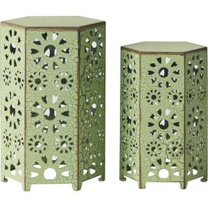 GDFStudio Elliot Outdoor 12 Inch and 14 Inch Sunburst Iron Side Table Set (Crackle Green) (301960)(Crackle Green)