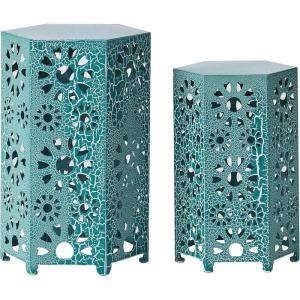 GDFStudio Elliot Outdoor 12 Inch and 14 Inch Sunburst Iron Side Table Set (Crackle Green) (301960)(Crackle Teal)