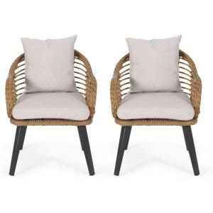 Great Deal Furniture Becky Indoor Wicker Club Chairs with Cushions (Set of 2), Light Brown and Beige(Light Brown  Black  Beige)