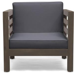 Great Deal Furniture Louise Outdoor Acacia Wood Club Chair with Cushion, Gray Finish and Dark Gray, (308365)