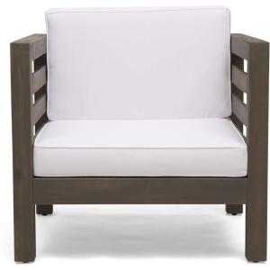 Great Deal Furniture Louise Outdoor Acacia Wood Club Chair with Cushion, Gray Finish and White, (308367)(Gray Finish + White)