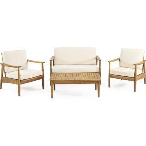Willowbrook Outdoor 4pc Chat Set – Acacia Wood – Teak(Teak + Beige)