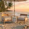 Christopher Knight Home Valor Bistro Table and Chairs Set of 2, 3 Pieces Outdoor Bistro Set, MGO Outdoor Side Table with Umbrella Base, Wooden Patio Chairs Set with Thick Cushions, Beige+Teak+White